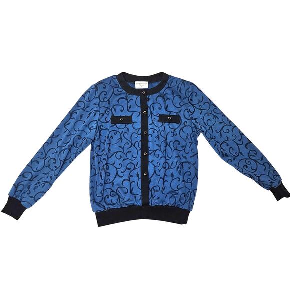 VTG Alfred Dunner Cardigan Women Petite Small Blue Scroll Print Button Front USA - Picture 2 of 8